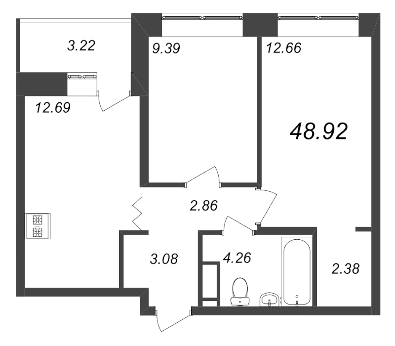 2-комнатная квартира, 48.92 м² в ЖК "Уютный" - планировка, фото №1