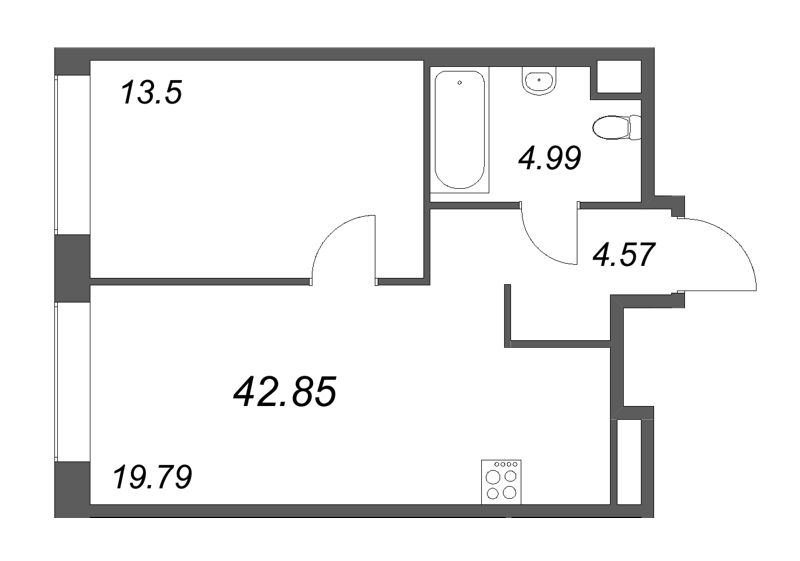 2-комнатная (Евро) квартира, 42.85 м² в ЖК "Avant" - планировка, фото №1