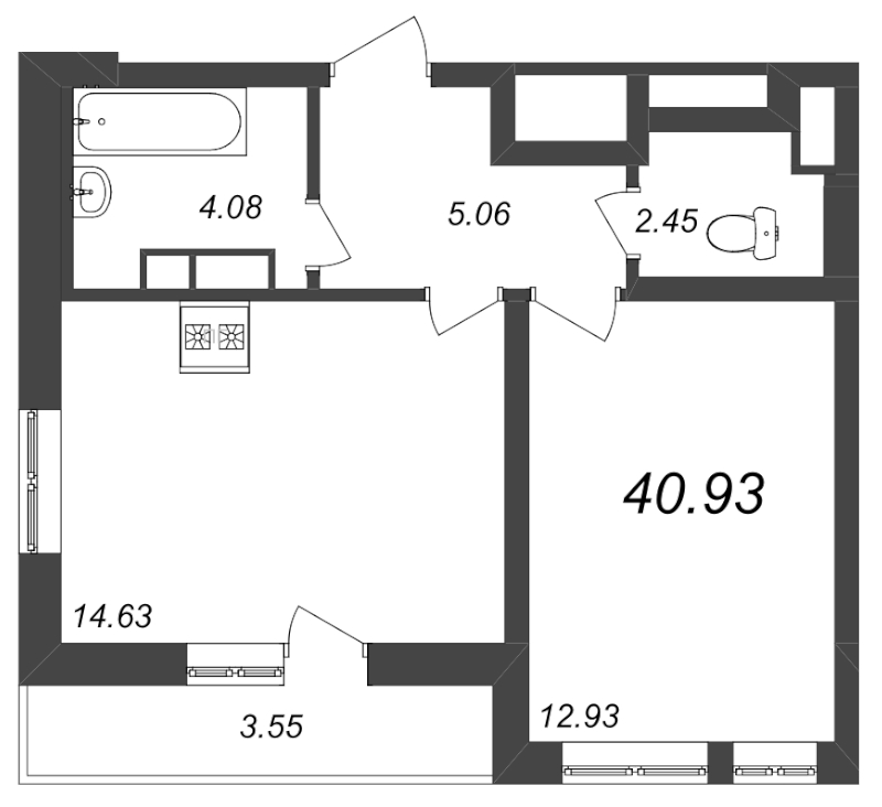 2-комнатная (Евро) квартира, 40.93 м² в ЖК "Master Place" - планировка, фото №1