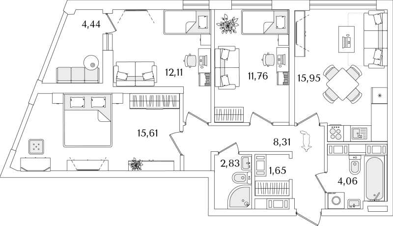 4-комнатная (Евро) квартира, 74.5 м² в ЖК "Лайнеръ" - планировка, фото №1