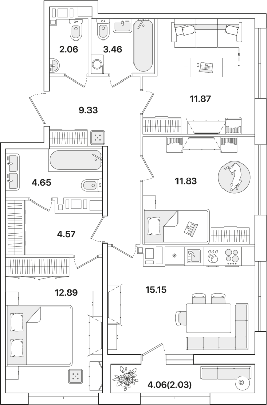4-комнатная (Евро) квартира, 77.84 м² в ЖК "Академик" - планировка, фото №1