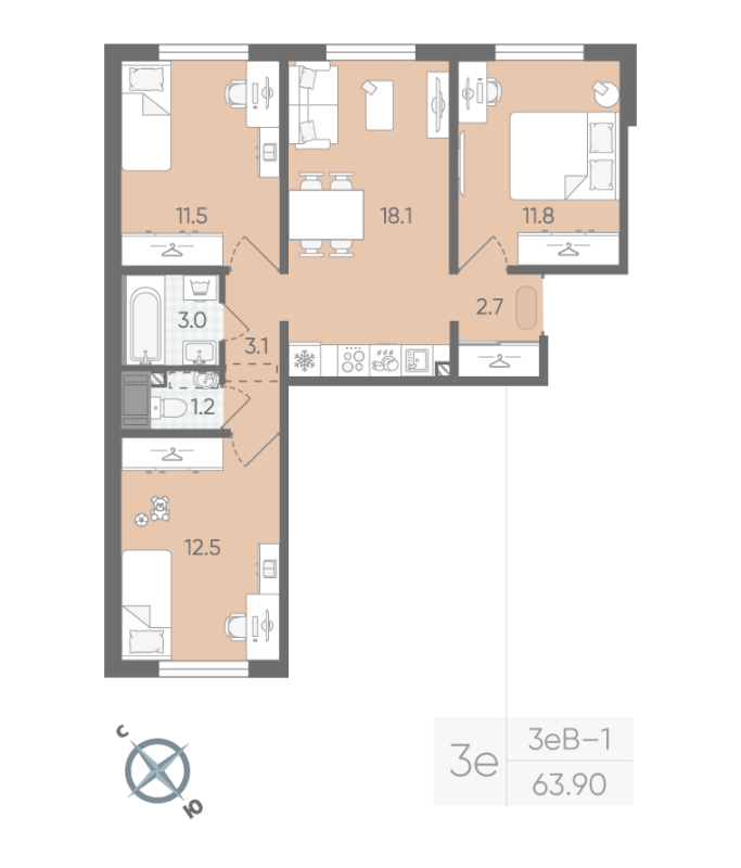 3-комнатная квартира, 63.9 м² - планировка, фото №1