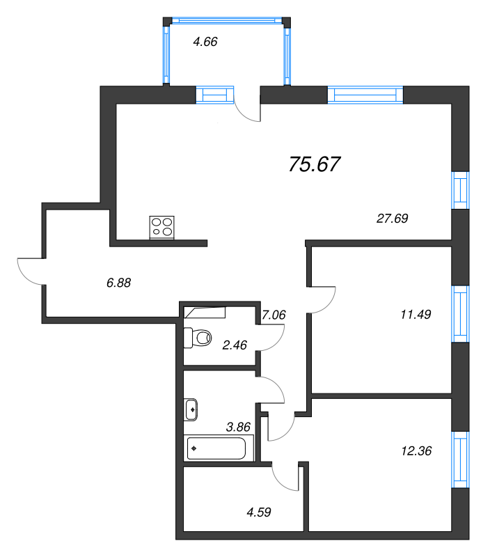 3-комнатная (Евро) квартира, 75.67 м² в ЖК "Черная речка, 41" - планировка, фото №1
