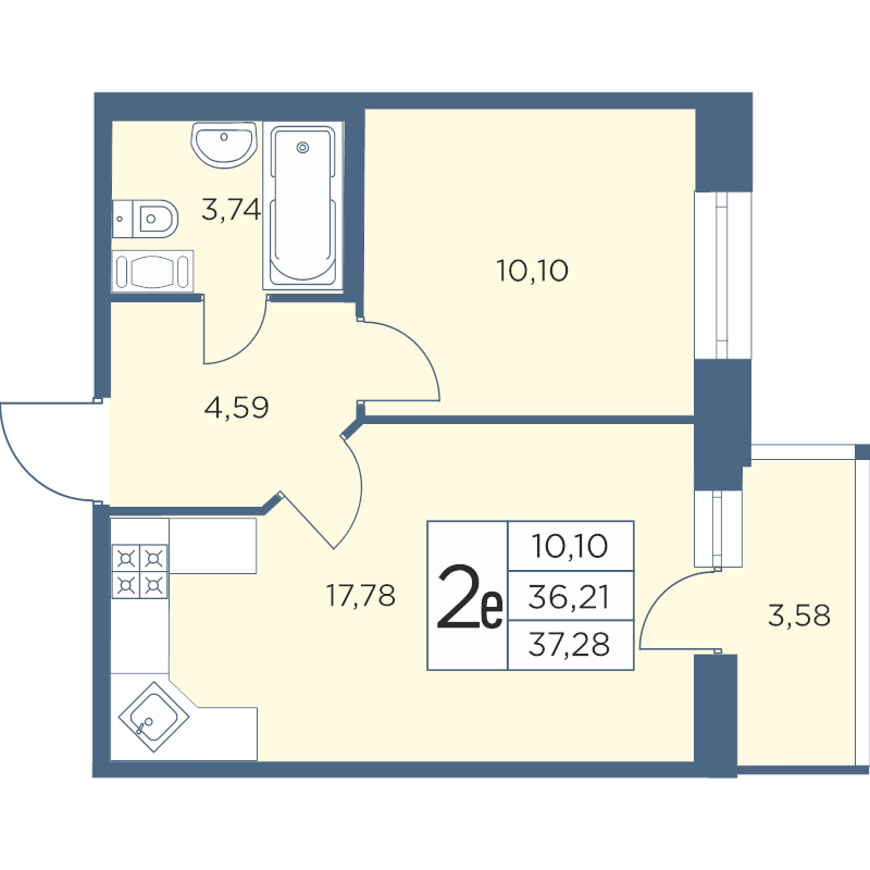 2-комнатная (Евро) квартира, 37.28 м² в ЖК "Новый Лесснер" - планировка, фото №1
