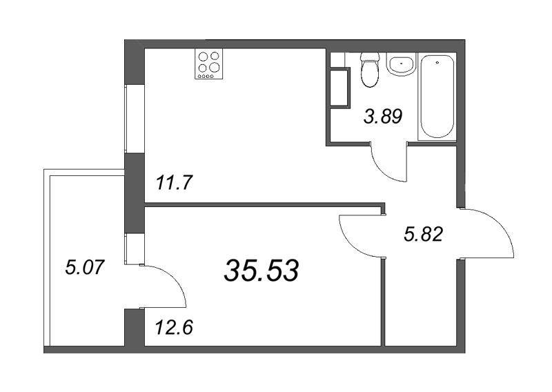 1-комнатная квартира, 35.63 м² - планировка, фото №1