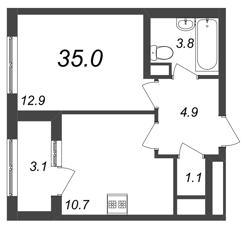 1-комнатная квартира, 35.1 м² в ЖК "Галактика" - планировка, фото №1