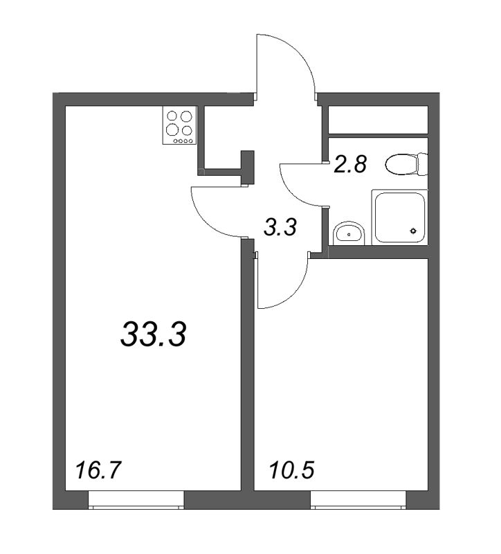 2-комнатная (Евро) квартира, 33.3 м² в ЖК "Октябрьская набережная" - планировка, фото №1