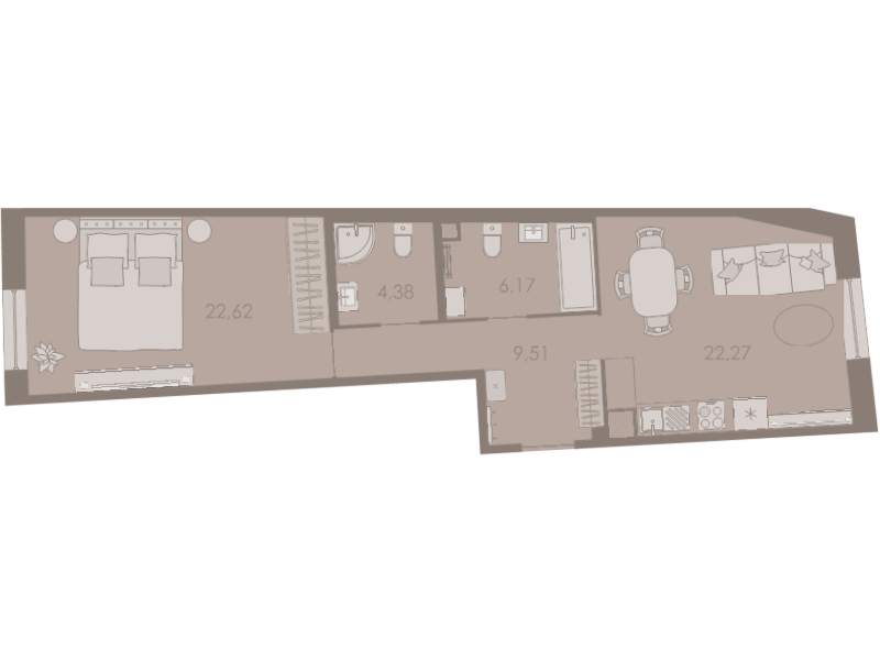 2-комнатная (Евро) квартира, 65.3 м² в ЖК "Северная корона" - планировка, фото №1