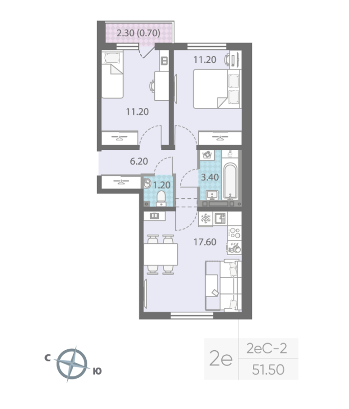 3-комнатная (Евро) квартира, 51.5 м² в ЖК "ЛСР. Ржевский парк" - планировка, фото №1