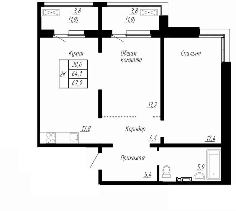 3-комнатная (Евро) квартира, 67.9 м² в ЖК "Сибирь" - планировка, фото №1