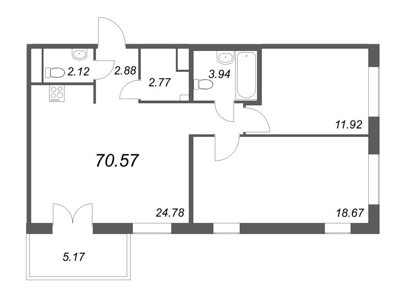 3-комнатная (Евро) квартира, 70.67 м² в ЖК "IQ Гатчина" - планировка, фото №1
