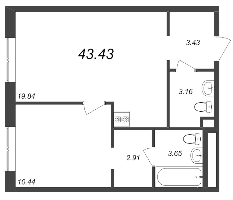 2-комнатная (Евро) квартира, 43.05 м² в ЖК "Zoom на Неве" - планировка, фото №1