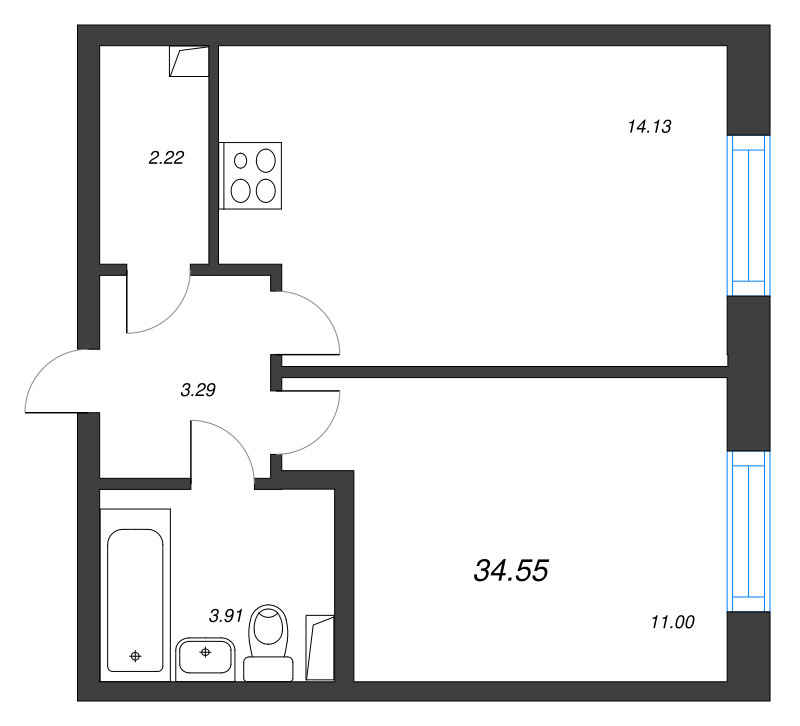 2-комнатная (Евро) квартира, 34.55 м² в ЖК "Кинопарк" - планировка, фото №1