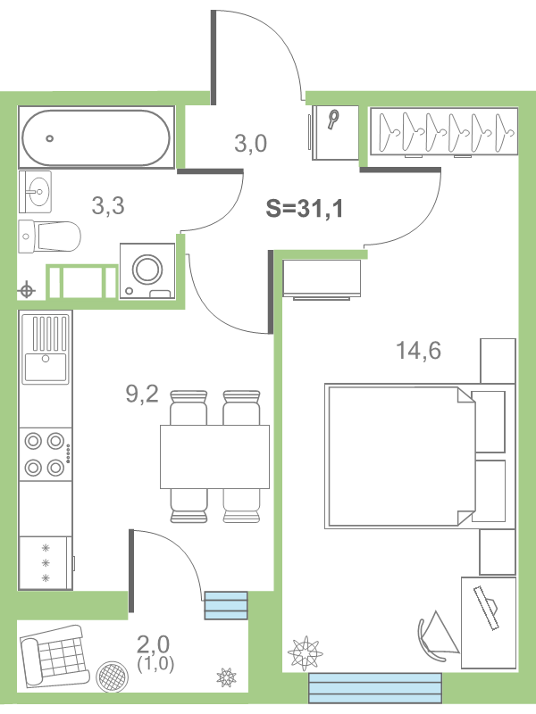 1-комнатная квартира, 31.4 м² в ЖК "Дуэт" - планировка, фото №1