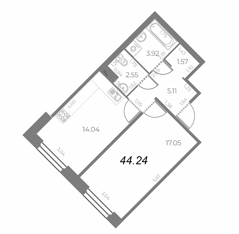 1-комнатная квартира, 44.24 м² в ЖК "Огни Залива" - планировка, фото №1