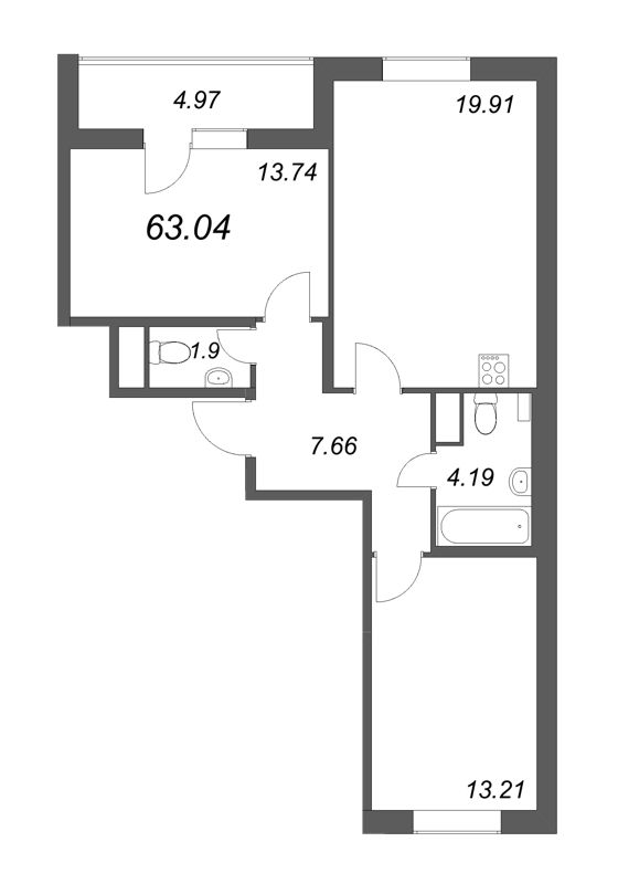 3-комнатная (Евро) квартира, 63.04 м² в ЖК "Аквилон All in 3.0" - планировка, фото №1