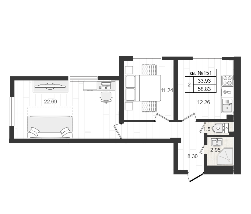 2-комнатная квартира, 59.2 м² в ЖК "Верево Сити" - планировка, фото №1