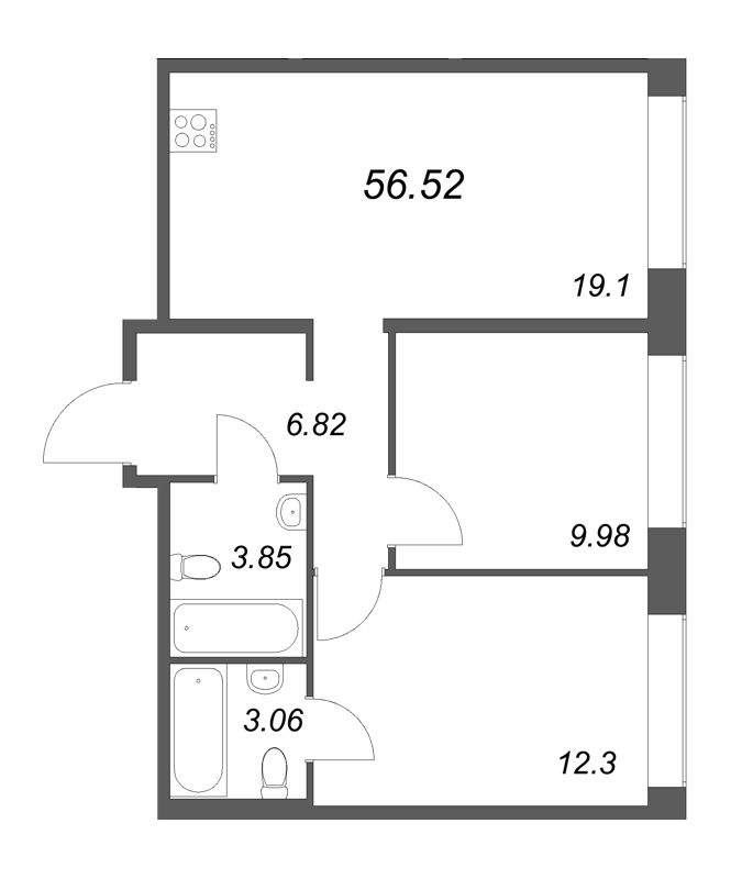 3-комнатная (Евро) квартира, 56.52 м² в ЖК "Avant" - планировка, фото №1