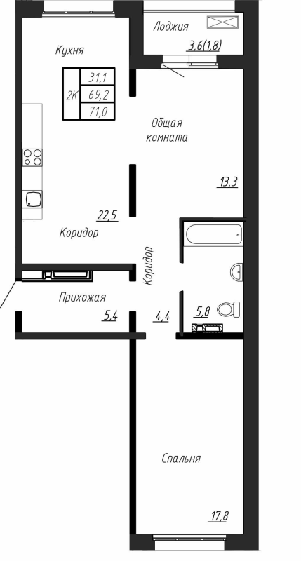 3-комнатная (Евро) квартира, 71.6 м² в ЖК "Сибирь" - планировка, фото №1
