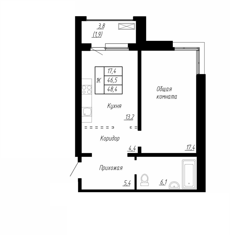 1-комнатная квартира, 48.4 м² в ЖК "Сибирь" - планировка, фото №1