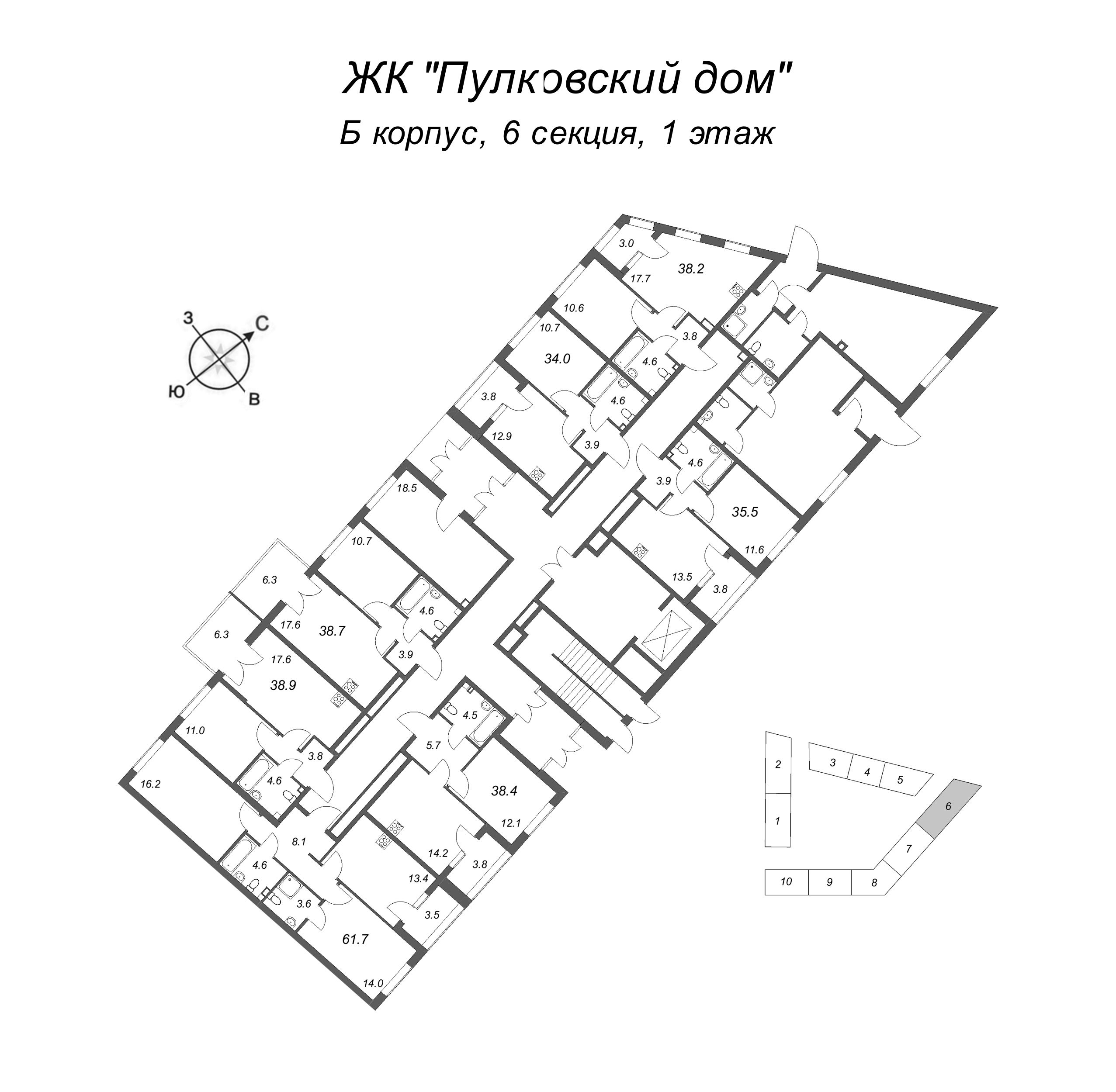 2-комнатная (Евро) квартира, 38.7 м² в ЖК "Пулковский дом" - планировка этажа
