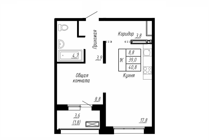 2-комнатная (Евро) квартира, 40.8 м² в ЖК "Сибирь" - планировка, фото №1