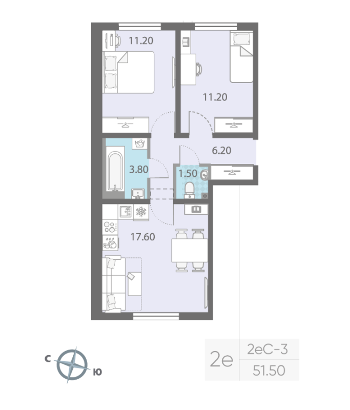 3-комнатная (Евро) квартира, 51.5 м² - планировка, фото №1