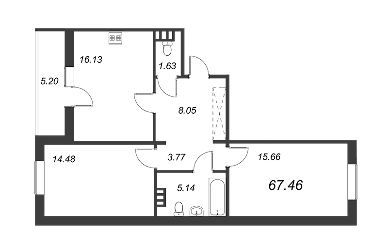 2-комнатная квартира, 64.86 м² - планировка, фото №1