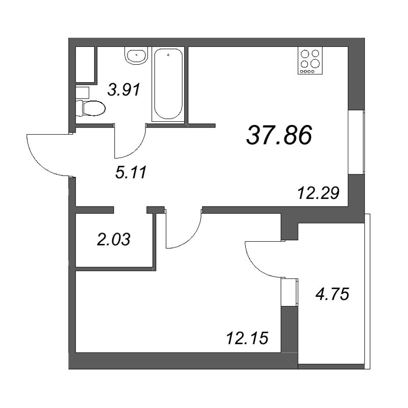 1-комнатная квартира, 38.06 м² - планировка, фото №1