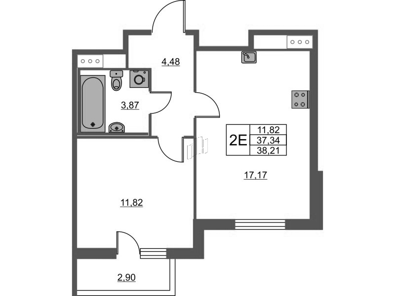 2-комнатная (Евро) квартира, 38.21 м² в ЖК "Лето" - планировка, фото №1