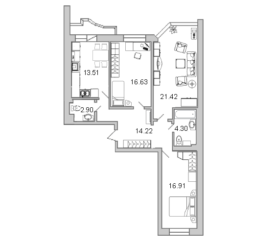 3-комнатная квартира, 92.5 м² в ЖК "Лондон парк" - планировка, фото №1
