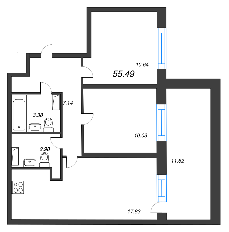3-комнатная (Евро) квартира, 55.49 м² в ЖК "БелАрт" - планировка, фото №1