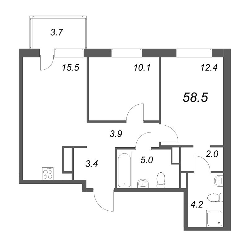 3-комнатная (Евро) квартира, 58.5 м² в ЖК "Куинджи" - планировка, фото №1