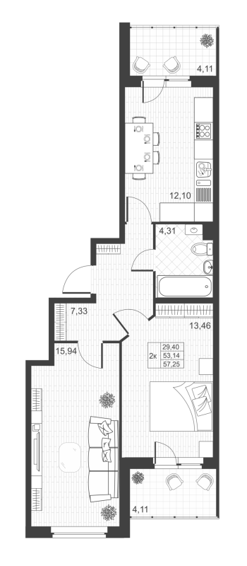 2-комнатная квартира, 57.25 м² - планировка, фото №1
