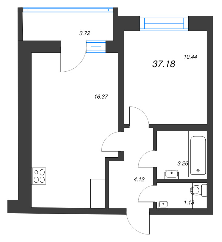 2-комнатная (Евро) квартира, 37.18 м² в ЖК "Искра-Сити" - планировка, фото №1
