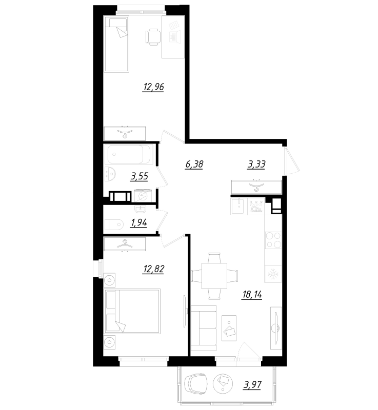 3-комнатная (Евро) квартира, 60.31 м² в ЖК "Счастье 2.0" - планировка, фото №1