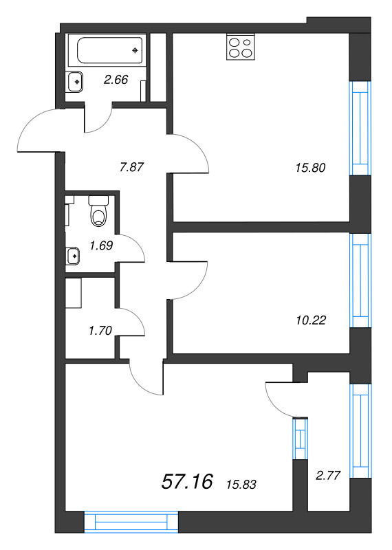 3-комнатная (Евро) квартира, 57.16 м² в ЖК "БелАрт" - планировка, фото №1