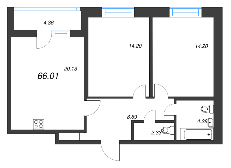 3-комнатная (Евро) квартира, 66.01 м² в ЖК "Искра-Сити" - планировка, фото №1