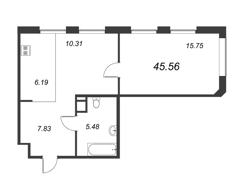 2-комнатная (Евро) квартира, 45.84 м² в ЖК "Akzent" - планировка, фото №1