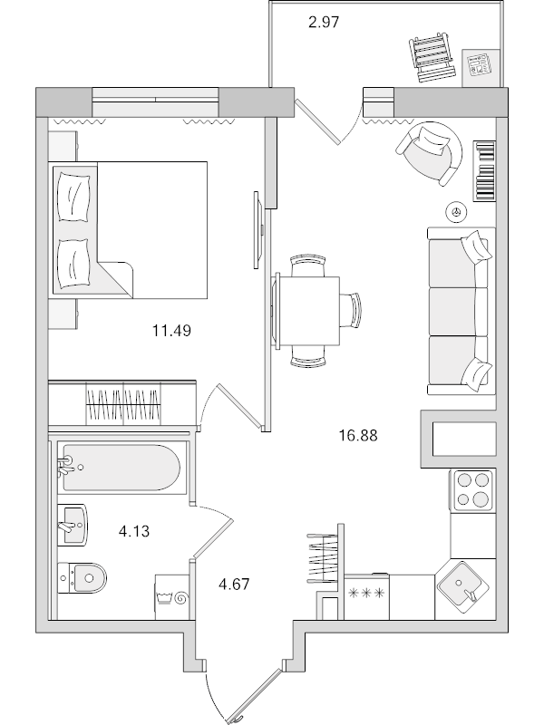 2-комнатная (Евро) квартира, 37.17 м² в ЖК "Город Первых" - планировка, фото №1