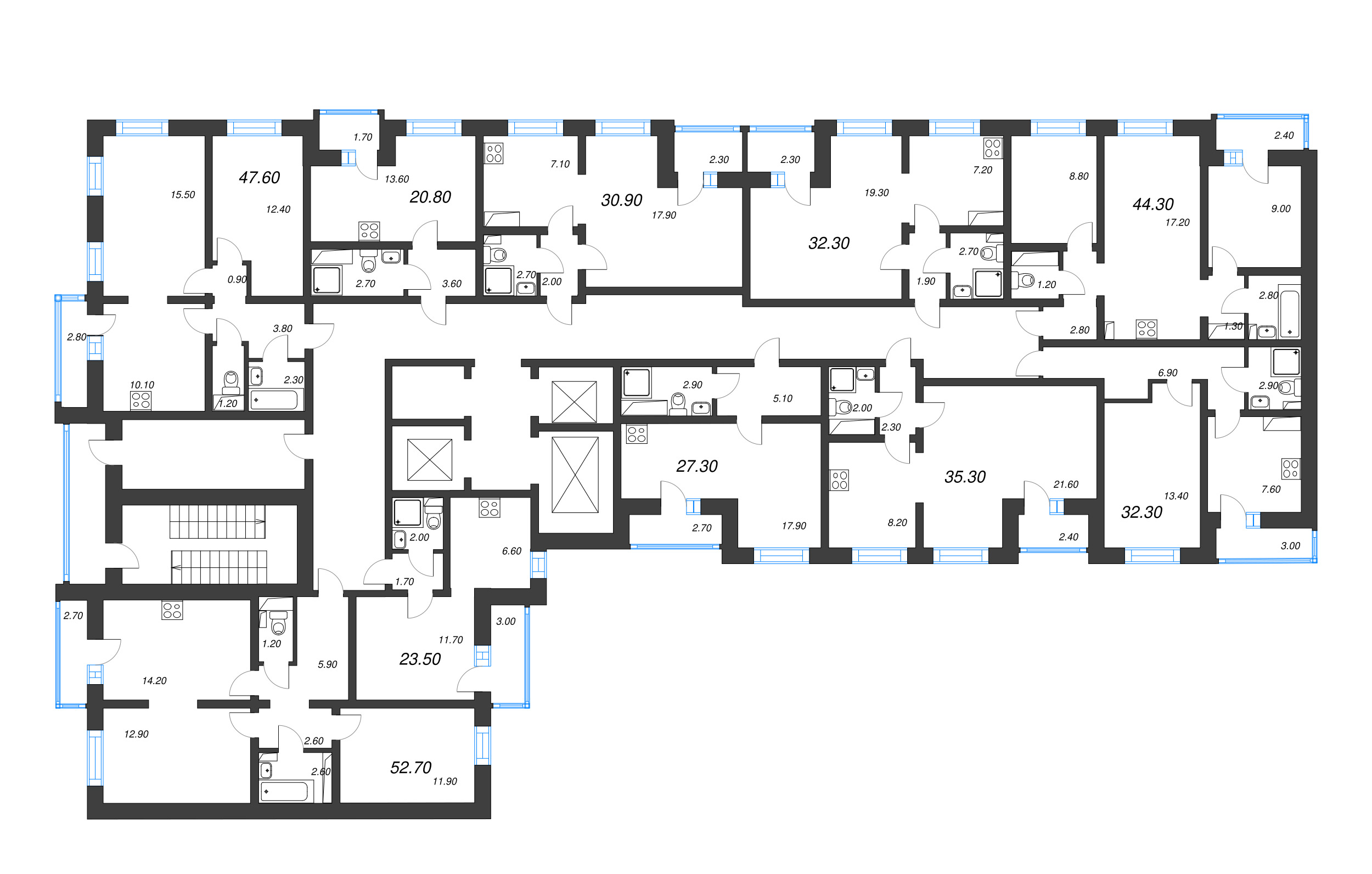 3-комнатная (Евро) квартира, 44.3 м² в ЖК "Цветной город" - планировка этажа