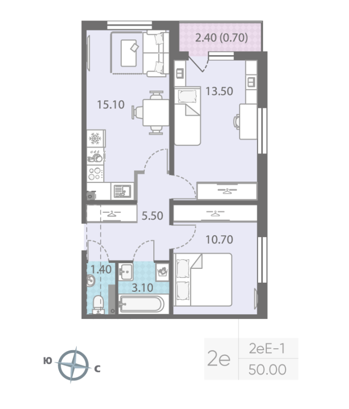 3-комнатная (Евро) квартира, 50 м² - планировка, фото №1