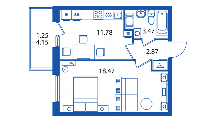 1-комнатная квартира, 36.59 м² - планировка, фото №1