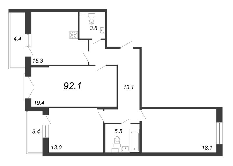 3-комнатная квартира, 94 м² в ЖК "Квартал Che" - планировка, фото №1