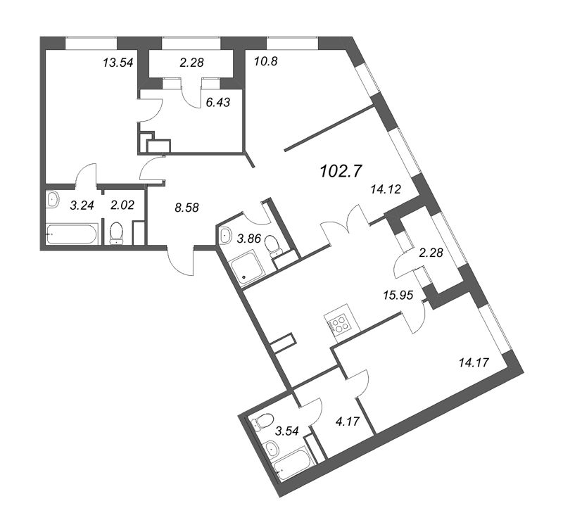 5-комнатная (Евро) квартира, 102.7 м² в ЖК "ID Park Pobedy" - планировка, фото №1