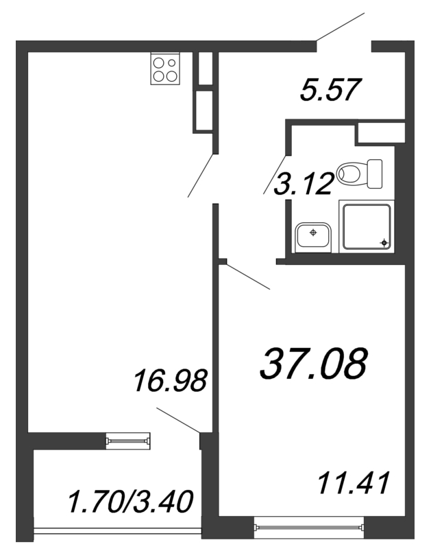 2-комнатная (Евро) квартира, 37.08 м² - планировка, фото №1