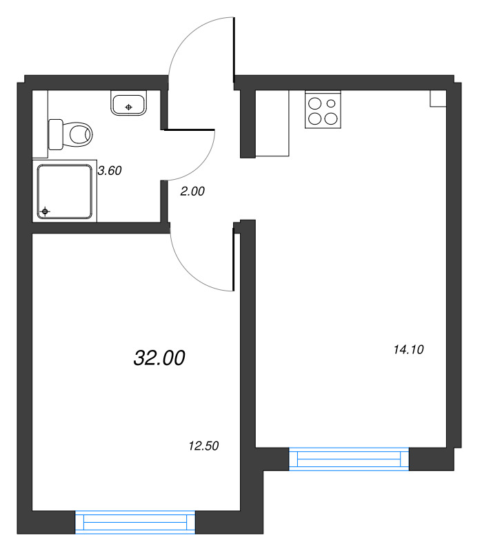 1-комнатная квартира, 32 м² - планировка, фото №1