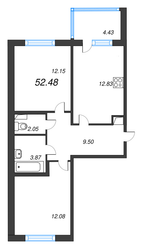 2-комнатная квартира, 52.48 м² в ЖК "ЮгТаун" - планировка, фото №1