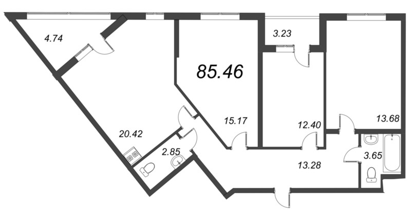 4-комнатная (Евро) квартира, 84.9 м² в ЖК "Аквилон Zalive" - планировка, фото №1