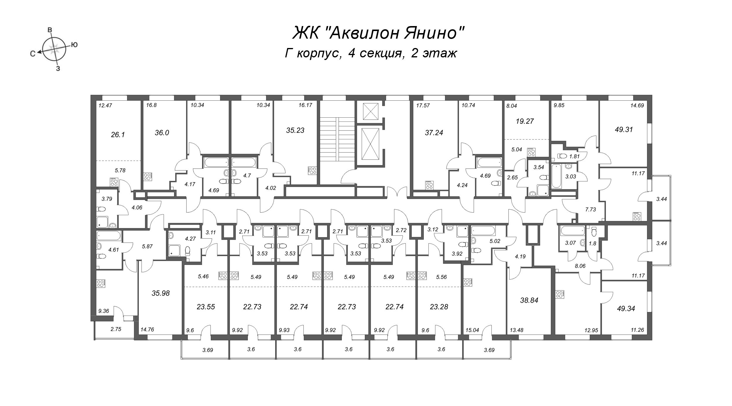 2-комнатная квартира, 49.31 м² в ЖК "Аквилон Янино" - планировка этажа